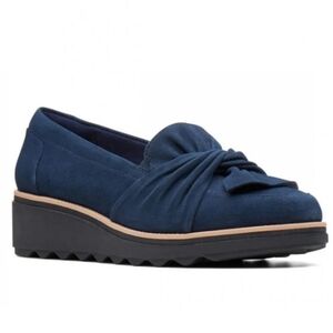 Clarks Sharon Dasher Navy Suede Ultra‑Light Wedge Loafers W 9